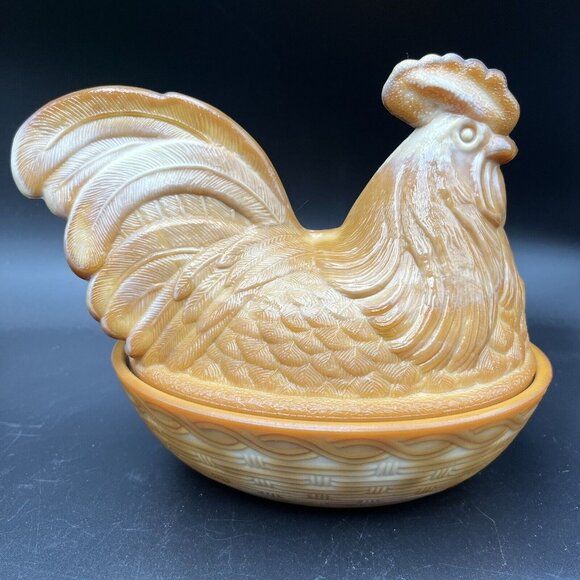NOS Fenton Art Glass Rooster Hen On Nest Chocolate Caramel Brown Slag Candy Dish - Picture 1 of 9
